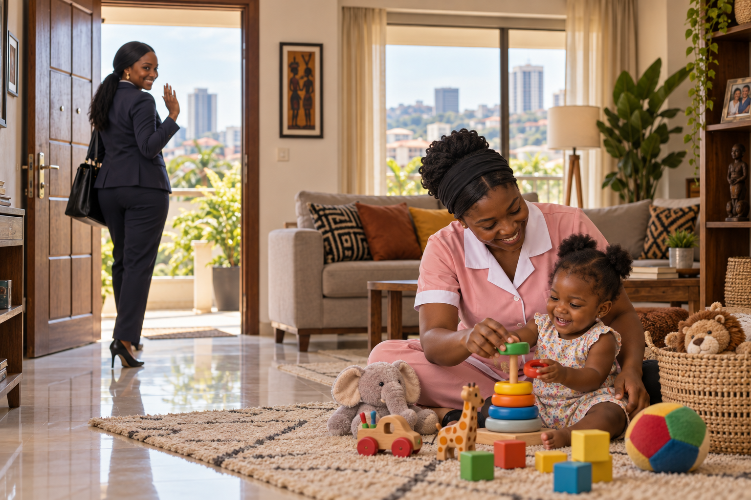 Une nounou joue avec une jeune enfant au domicile de sa famille